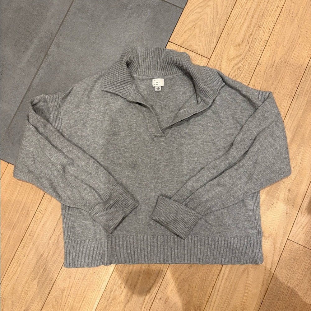 A New Day Grey Knit Notched Collar Polo Sweater